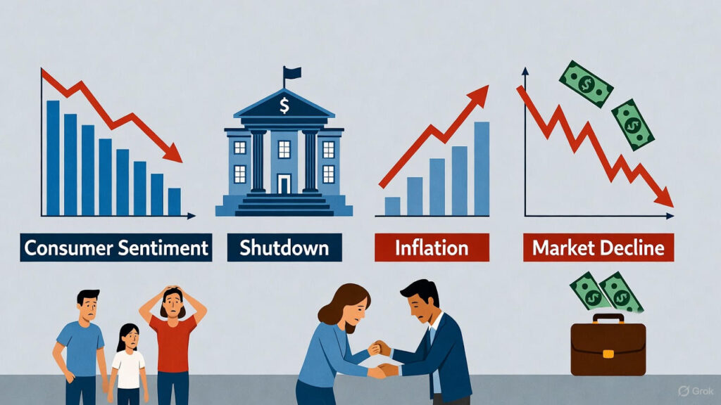Horizontal infographic illustrating the sharp decline in U.S. consumer sentiment. Four key factors are shown from left to right: plummeting consumer confidence (downward blue bar chart), government shutdown (Capitol building with dollar sign), rising inflation expectations (red upward arrow and rising chart), and falling stock markets (red declining line with flying dollar bills). Below, worried middle-class families clutch their heads, people shake hands anxiously over finances, and empty wallets symbolize growing financial stress.