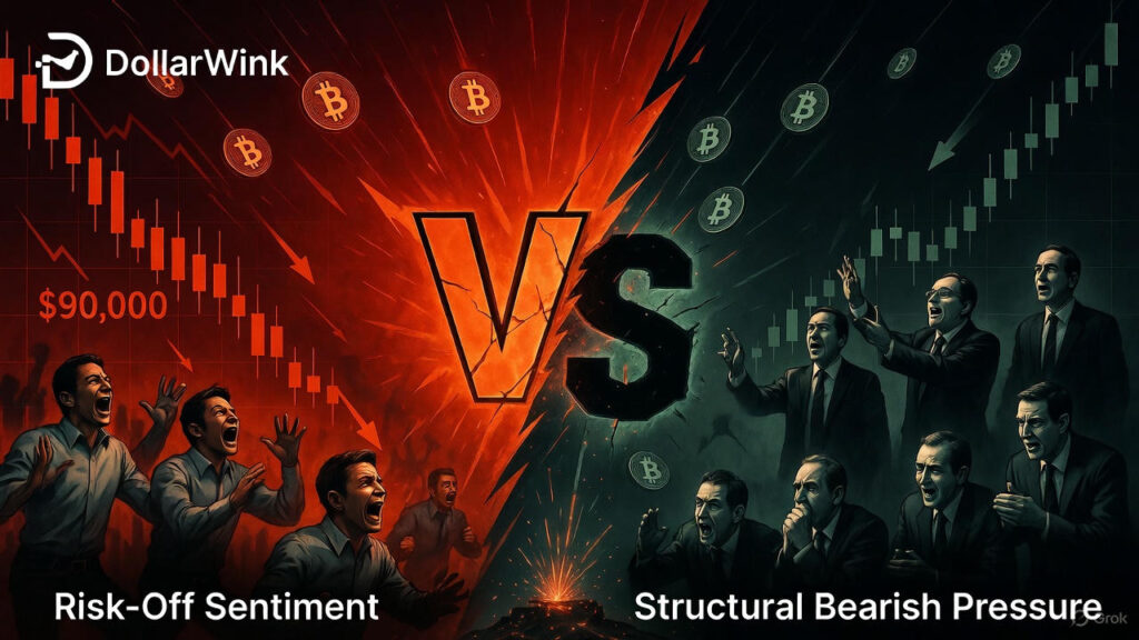 Ultra-wide horizontal DollarWink thumbnail: dramatic fiery split-screen. Left side bathed in red: Bitcoin price crashes below $90,000 with plunging red candlesticks and panicked young traders screaming. Right side in dark ominous green: calm institutional investors quietly buying while green candles fall, labeled “Structural Bearish Pressure.” A massive cracked orange “VS” explodes in the center with flying Bitcoin coins. Text reads “Risk-Off Sentiment” (left) and “Structural Bearish Pressure” (right). DollarWink logo top-left.