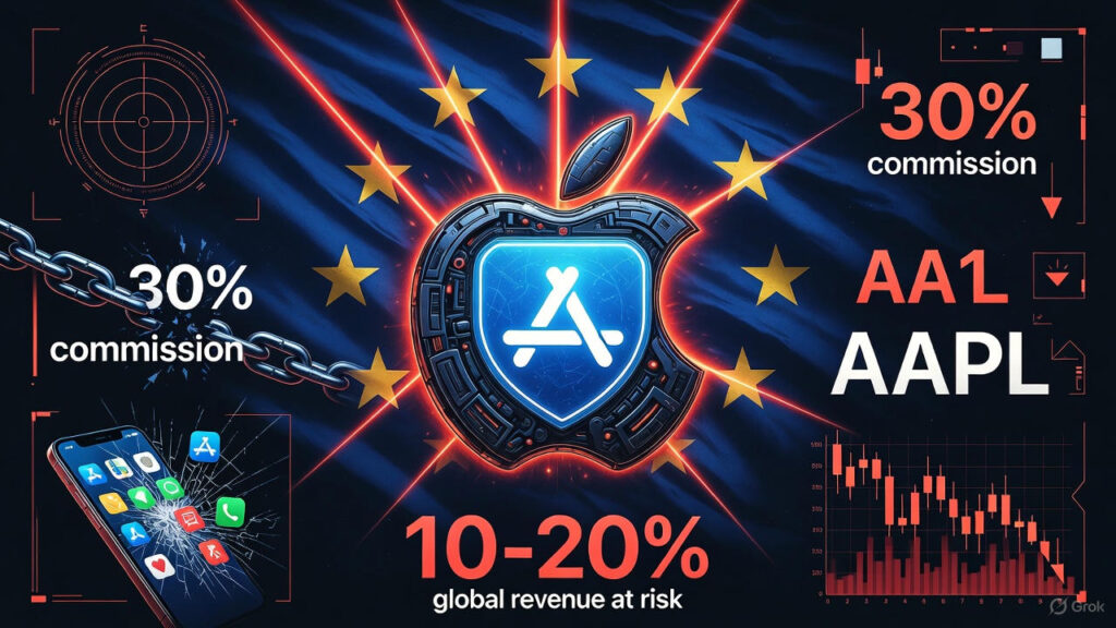 Dramatic cyberpunk-style horizontal illustration: a glowing metallic Apple logo with App Store shield is under attack by red laser beams coming from a massive EU flag in the background. A cracked iPhone spills app icons, a broken chain labeled “30% commission” hangs in the air, and a red candlestick chart shows AAPL plunging. Bold red text reads “10–20% global revenue at risk” and “30% commission” with downward arrows.