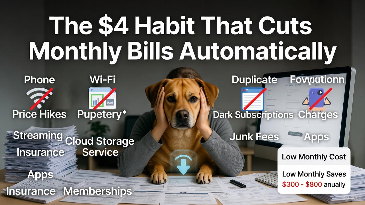 Horizontal DollarWink graphic: a stressed golden retriever sits at a cluttered desk with paws on its head, surrounded by towering stacks of bills labeled “Streaming, Insurance, Cloud Storage, Apps, Memberships.” Floating red-slash icons cross out “Phone Price Hikes,” “Wi-Fi,” “Puppetery*,” “Duplicate Charges,” “Dark Subscriptions,” “Junk Fees,” and “Apps.” A glowing blue arrow points down to the dog’s chest with the text “Low Monthly Cost → Low Monthly Saves $300–$800 annually.” Big bold headline at top: “The $4 Habit That Cuts Monthly Bills Automatically.”