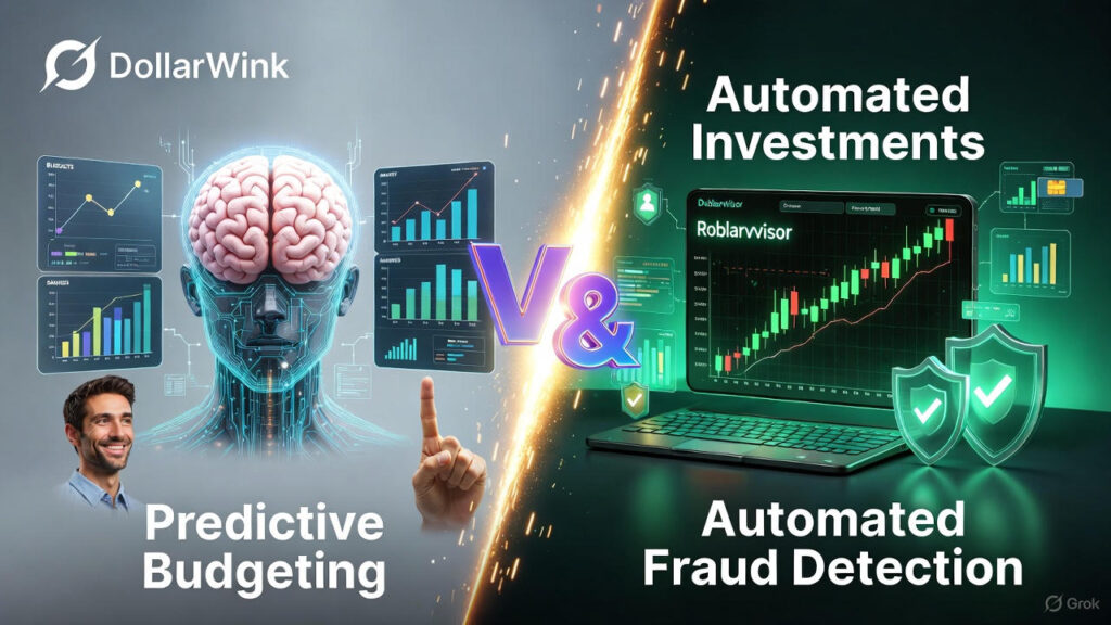 Horizontal DollarWink graphic with silver-to-emerald-green futuristic glow. Left: smiling man touching a glowing AI brain surrounded by predictive budget charts labeled “Predictive Budgeting.” Right: sleek laptop running a robo-advisor with rising portfolio lines and green fraud-detection shields labeled “Automated Fraud Detection.” Neon “VS” morphs into a fiery “&” at the center. DollarWink logo top-left.