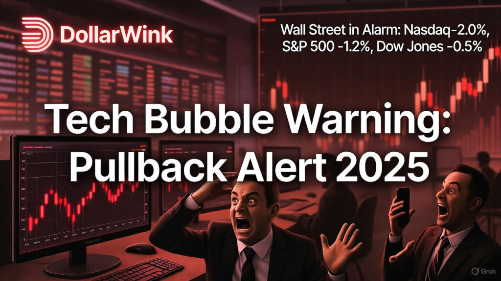Tech bubble warning 2025: Wall Street trading floor in panic, Nasdaq -2.0%, S&P 500 -1.2%, Dow Jones -0.5%, red charts, traders screaming – DollarWink Wink Radar