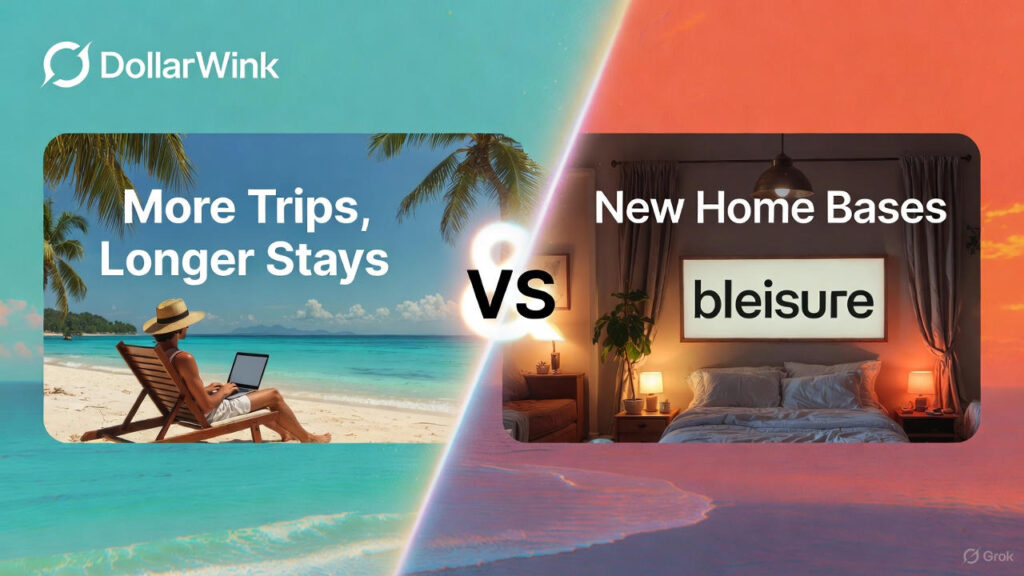 Horizontal DollarWink graphic with turquoise-to-sunset-orange gradient. Left: remote worker typing on laptop in beach chair under palm trees, labeled “More Trips, Longer Stays.” Right: cozy Airbnb bedroom with glowing “bleisure” sign, labeled “New Home Bases.” Bold “VS” morphs into “&” at center. DollarWink logo top-left.