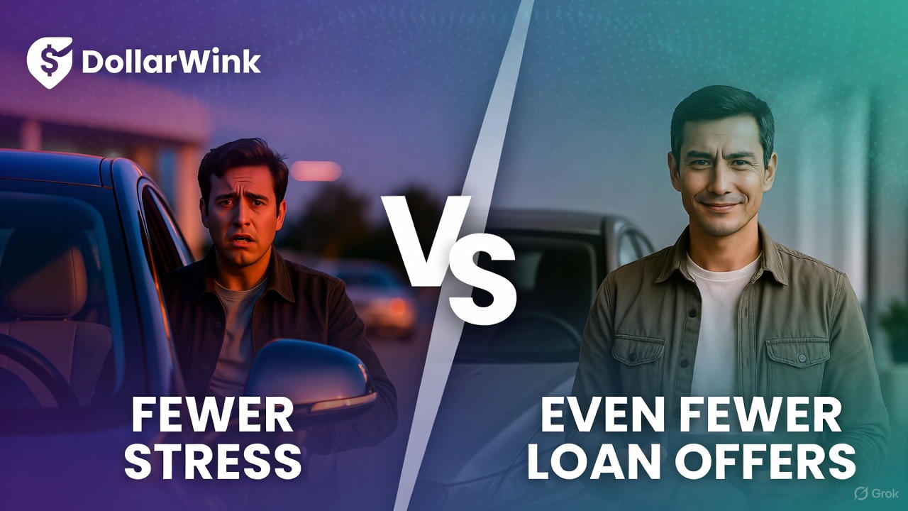 Horizontal DollarWink graphic on purple-to-teal gradient. Left: anxious man leaning out of a dark car at night, gripping the mirror with a stressed expression labeled “FEWER STRESS.” Right: calm, smiling man in daylight holding loan papers labeled “EVEN FEWER LOAN OFFERS.” Bold white “VS” divides the scenes. DollarWink logo top-left.