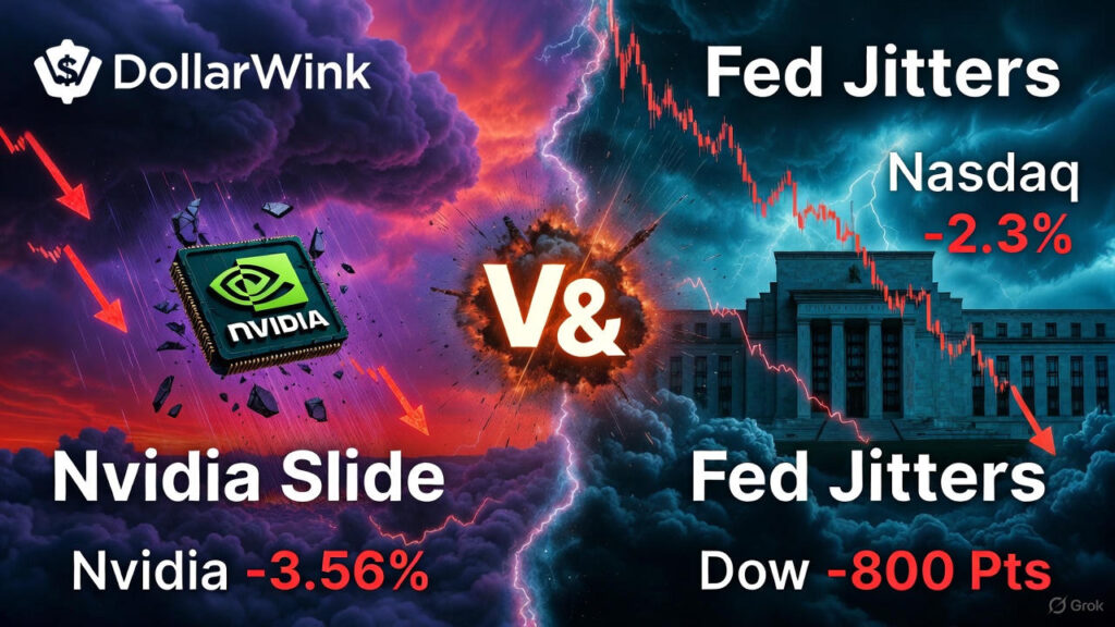 Nvidia Slides Wall Street as Tech Stocks Pull Back — What Investors Need to Know Horizontal DollarWink graphic with fiery purple-red to stormy blue-teal gradient. Left: cracked Nvidia chip exploding under lightning with red arrows raining down, labeled “Nvidia Slide -3.56%.” Right: Federal Reserve building amid crashing Nasdaq candlesticks (-2.3%) and Dow plunge (-800 pts), labeled “Fed Jitters.” Explosive “V&” fuses both sides. DollarWink logo top-left, dollarwink.com bottom-right.