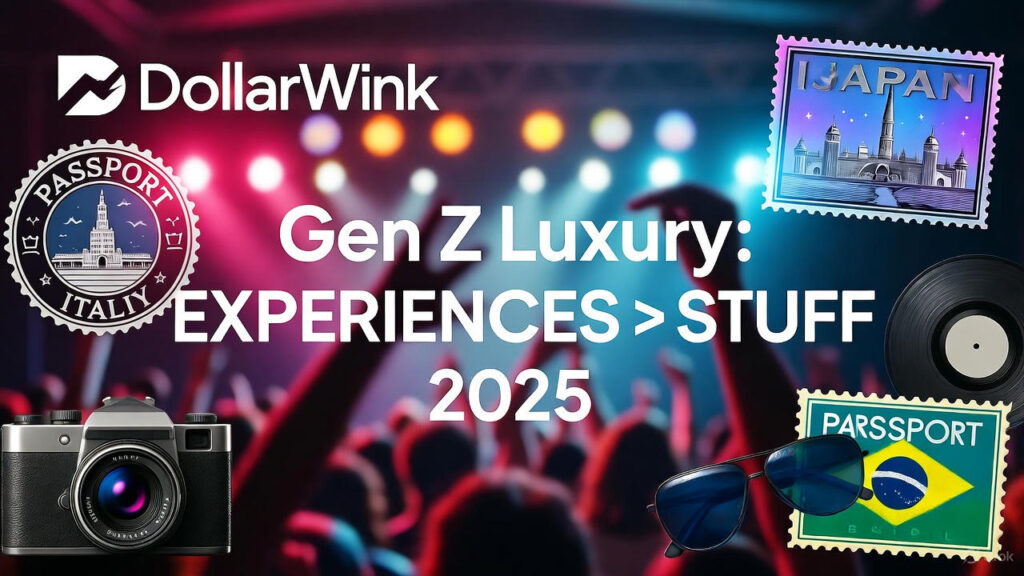 Gen Z luxury 2025: Passport stamps from Italy, Japan, Brazil, concert lights, camera, vinyl, sunglasses – experiences beat stuff – DollarWink Money Life