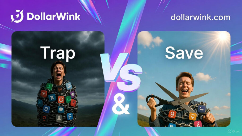 Horizontal DollarWink graphic with vibrant purple-to-teal gradient. Left: person screaming in rain, wrapped in chains of subscription app icons under dark clouds labeled “Trap.” Right: same person laughing in sunlight, cutting chains with giant scissors labeled “Save.” Bold glowing “VS” morphs into “&” at center. DollarWink logo top-left, dollarwink.com top-right.