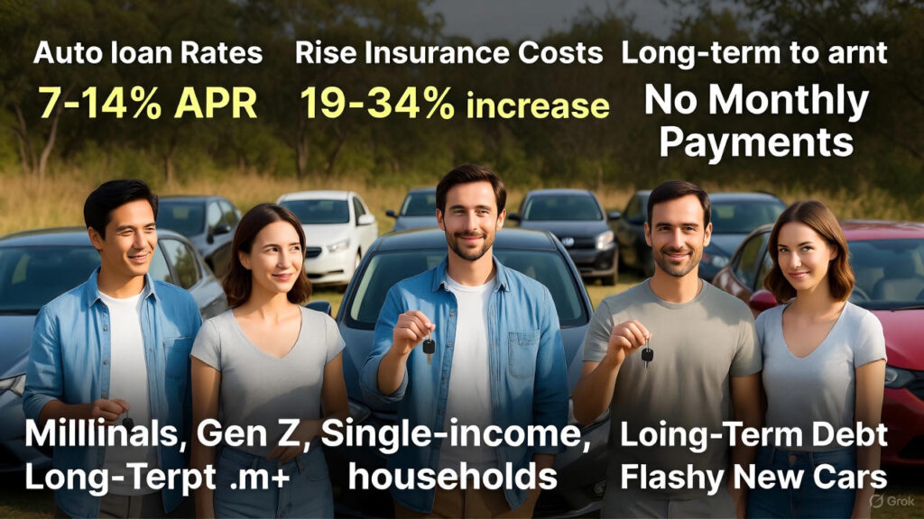 Horizontal graphic showing five smiling millennials and Gen Z adults holding car keys in front of rows of affordable used cars. Large text highlights the key drivers of the 2025 trend: “Auto loan Rates 7-14% APR”, “Insurance Costs +19-34% increase”, and the appeal of “No Monthly Payments”. Bottom text emphasizes the groups leading the shift: Millennials, Gen Z, single-income households, and those rejecting long-term debt and flashy new cars in favor of financial freedom.