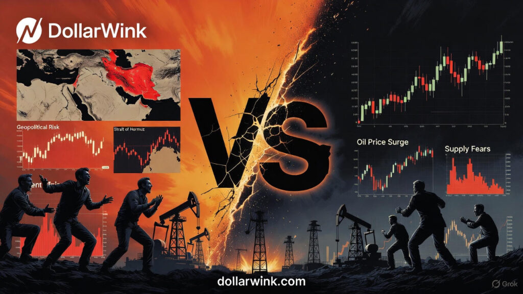 Ultra-wide DollarWink thumbnail in fiery orange-to-black color scheme: left side shows panicked traders running from a burning Middle East map with “Geopolitical Risk” and “Strait of Hormuz” warnings; right side depicts traders reacting to skyrocketing oil-price charts labeled “Oil Price Surge / Supply Fears.” A massive cracked “VS” explodes in the center with flames and oil derricks silhouetted against the chaos. DollarWink logo top-left.