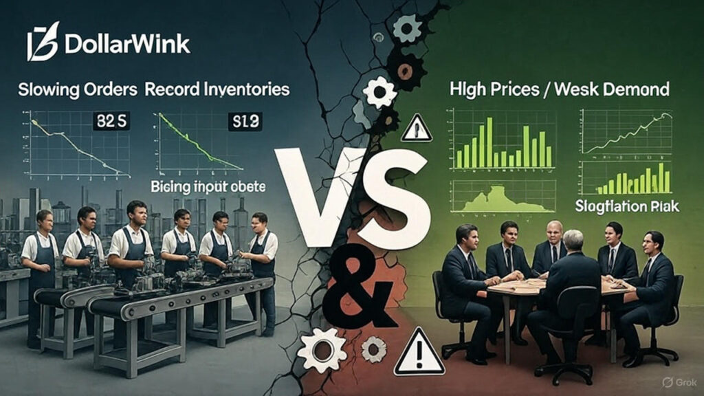 Horizontal DollarWink graphic (16:9): dramatic split-screen with a cracked wall. Left side (cool blue-green): factory workers in aprons standing worried beside a conveyor belt, declining PMI chart from 52.5 → 51.9, labels “Slowing Orders,” “Record Inventories,” “Rising Input Costs.” Right side (warm green): serious analysts at a round table, rising price charts, warning triangles, and labels “High Prices / Weak Demand” and “Stagflation Risk.” Giant cracked “VS” morphs into a dark “&” in the center, with broken gears and DollarWink logo top-left.