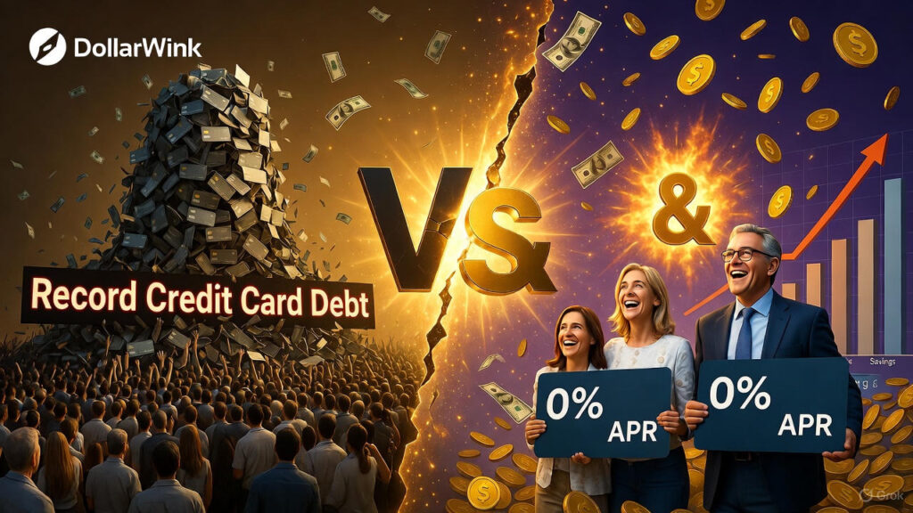 Ultra-wide horizontal DollarWink graphic: dramatic split-screen. Left: a terrifying avalanche of credit cards crashing down on a panicked crowd under blazing red “Record Credit Card Debt” text. Right: the same family now laughing and celebrating, holding giant “0% APR” cards while golden coins rain down and savings charts rocket upward. A massive cracked “VS” explodes into a radiant golden “&” at the center. DollarWink logo top-left.