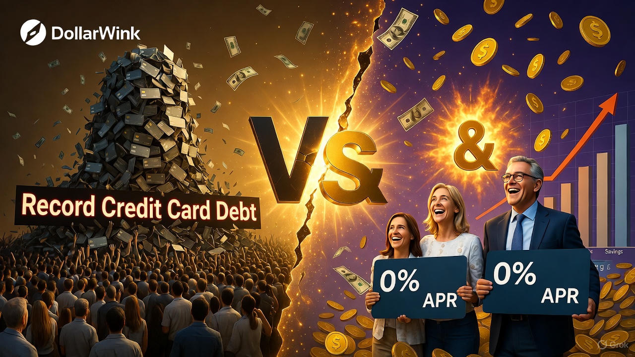Ultra-wide horizontal DollarWink graphic: dramatic split-screen. Left: a terrifying avalanche of credit cards crashing down on a panicked crowd under blazing red “Record Credit Card Debt” text. Right: the same family now laughing and celebrating, holding giant “0% APR” cards while golden coins rain down and savings charts rocket upward. A massive cracked “VS” explodes into a radiant golden “&” at the center. DollarWink logo top-left.