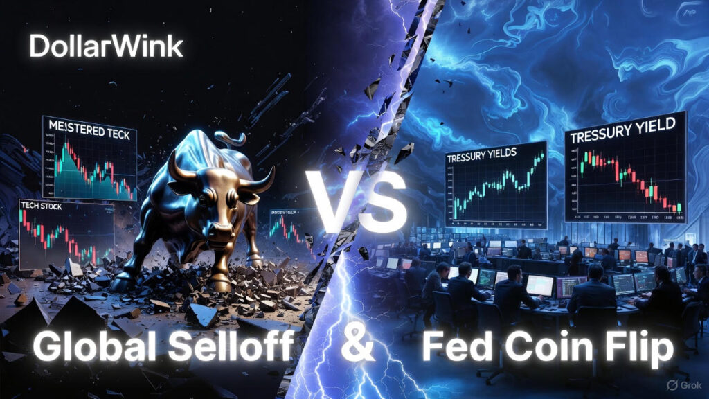 Horizontal DollarWink graphic with black-to-electric-blue storm gradient. Left: raging Wall Street bull smashing through crumbling tech-stock charts labeled “Global Selloff.” Right: tense trading floor lit by lightning, rising Treasury yield screens labeled “Fed Coin Flip.” A massive cracked “VS” morphs into a glowing “&” at the center. DollarWink logo top-left.