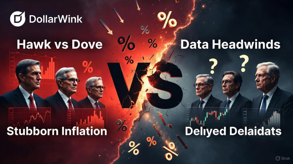 Ultra-wide horizontal DollarWink thumbnail: dramatic red-to-black split-screen. Left side: stern Fed “Hawks” surrounded by rising red inflation charts and falling interest-rate symbols labeled “Stubborn Inflation.” Right side: confused policymakers staring at question marks and delayed labor-market charts labeled “Delayed Delaidats.” A massive fiery cracked “VS” explodes in the center with burning percentage signs raining down. DollarWink logo top-left.