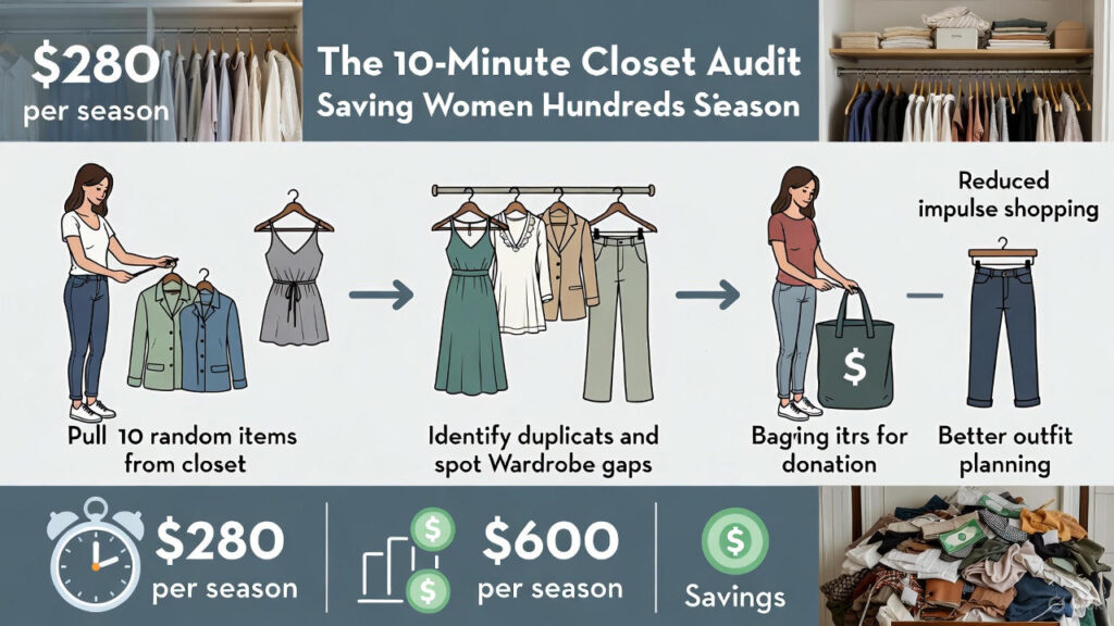 Horizontal infographic titled “The 10-Minute Closet Audit – Saving Women Hundreds Season.” Shows a clear 4-step process: a woman pulling 10 random items from a closet → identifying duplicates and wardrobe gaps → bagging unwanted clothes for donation → enjoying reduced impulse shopping and better outfit planning. Large savings highlighted: $280–$600 per season. Background includes organized vs overflowing wardrobe photos and money icons.