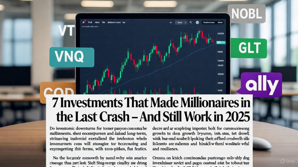 7 Investments That Made Millionaires in the Last Crash – And Still Work in 2025: Laptop screen showing rising stock chart with floating labels VTI, VNQ, TLT, GLD, NOBL, COST, Ally – DollarWink Must Read