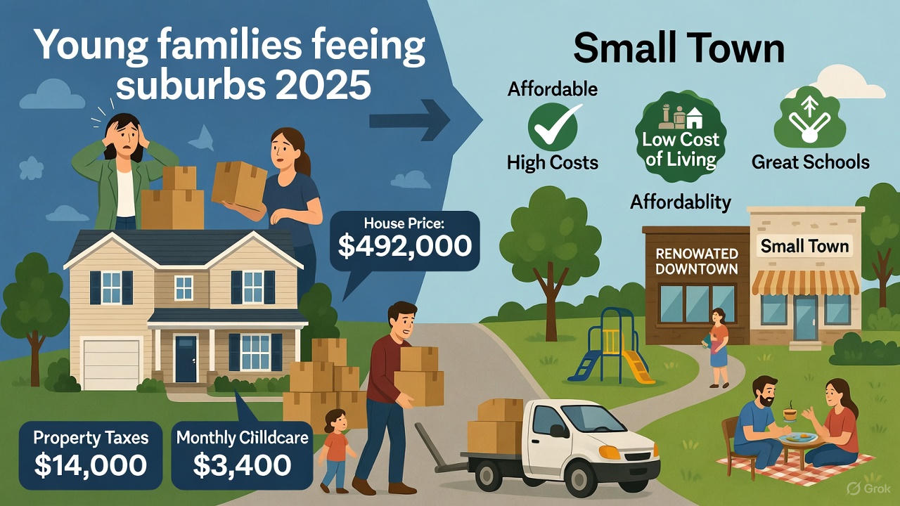 Horizontal infographic showing young families fleeing expensive suburbs in 2025. Left side (dark blue): stressed parents carrying moving boxes away from a large suburban house labeled with high costs – House Price $492,000, Property Taxes $14,000/year, Monthly Childcare $3,400. Right side (bright green): the same family happily arriving in a small town with affordable living, renovated downtown shops, playground, picnic in the park, lower cost of living icons, and “Great Schools” badge. A large arrow points from suburban stress to small-town calm.