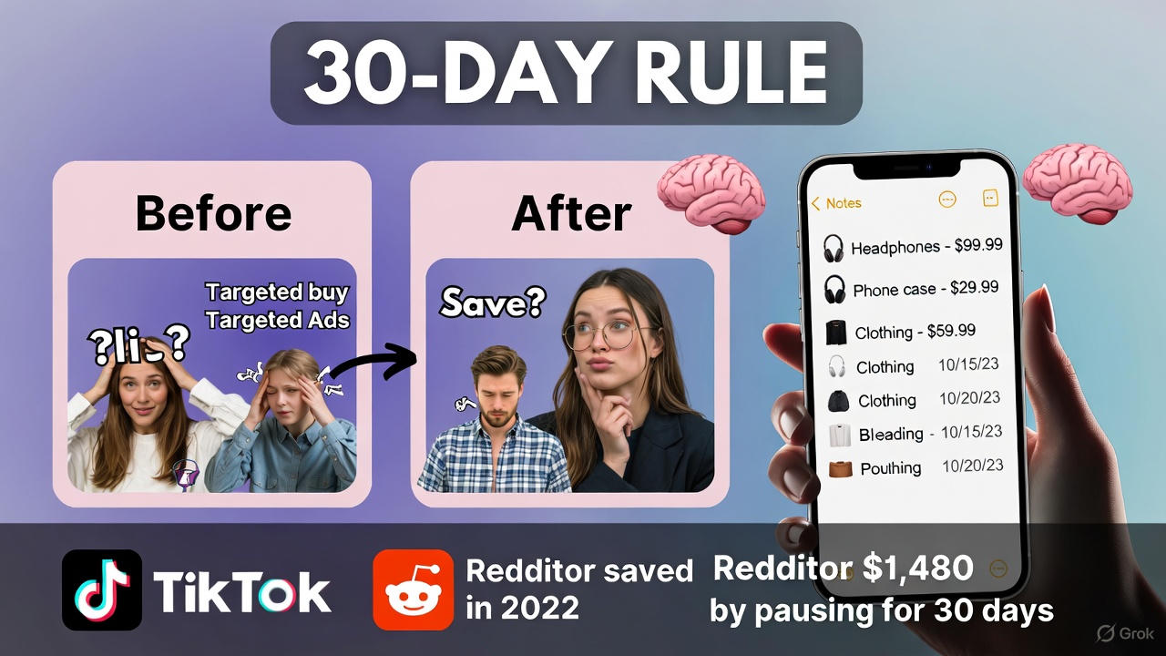 Horizontal motivational graphic illustrating the 30-Day Rule impulse spending hack. Split into “Before” (stressed people bombarded by targeted ads and question marks) and “After” (calm, thoughtful people with a clear brain icon). A large phone screen shows a Notes app “30-day list” with items like headphones $99.99, clothing $59.99, and crossed-out purchases. Bottom text highlights TikTok and Reddit logos with the real-life example: “Redditor saved $1,480 by pausing for 30 days.”