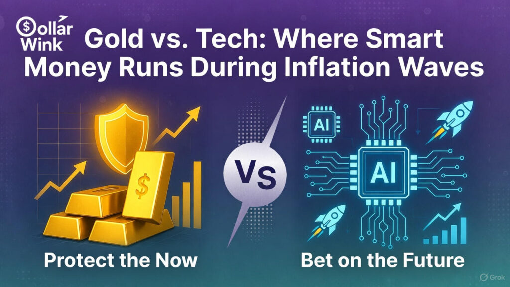 Horizontal DollarWink infographic with a purple-to-teal gradient background. Left side: glowing gold bars with a golden shield and rising chart arrows labeled "Protect the Now." Right side: neon-blue AI chip with circuit patterns, rockets, and upward-trending graphs labeled "Bet on the Future." A large circular "Vs" divides the two halves. Top text in bold white: "Gold vs. Tech: Where Smart Money Runs During Inflation Waves." DollarWink logo with winking dollar sign in the top left.