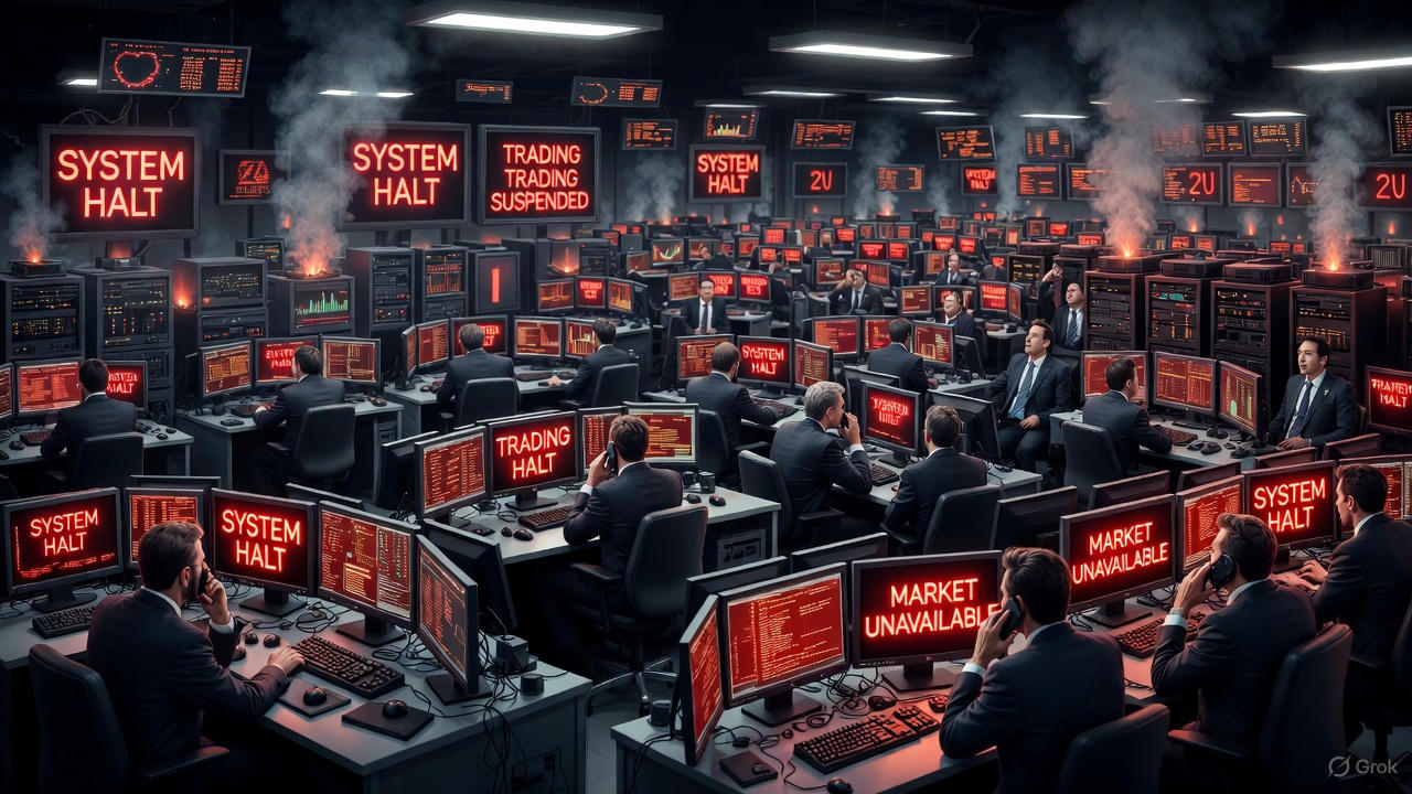 Dramatic wide-angle view of a massive trading floor in total chaos during the 2025 CME global trading halt: every monitor glows blood-red with “SYSTEM HALT”, “TRADING SUSPENDED” and “MARKET UNAVAILABLE” messages, thick smoke pours from overheating server racks, stunned traders in suits frozen in disbelief as the world’s largest futures exchange shuts down due to a data-center cooling failure.