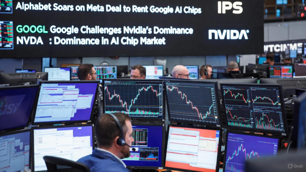 Horizontal photo of a busy stock exchange trading floor with large overhead screens displaying headlines: “Alphabet Soars on Meta Deal to Rent Google AI Chips” and “GOOGL Google Challenges Nvidia’s Dominance in AI Chip Market” alongside NVDA and NASDAQ tickers. Traders are focused on multiple monitors showing candlestick charts, reflecting Alphabet’s ~3–6% surge and Nvidia’s ~2.7% drop after news of Meta negotiating to rent Google’s TPUs starting 2026–2027.