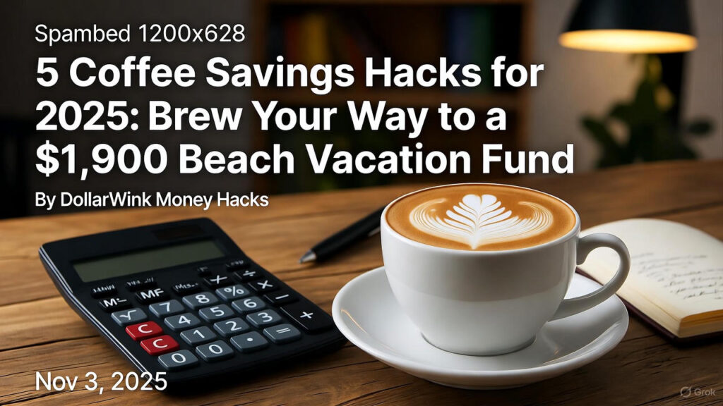 Coffee savings hack 2025: Home-brewed latte next to calculator and notebook with $1,900 beach vacation fund text – DollarWink Money Hacks, November 3, 2025