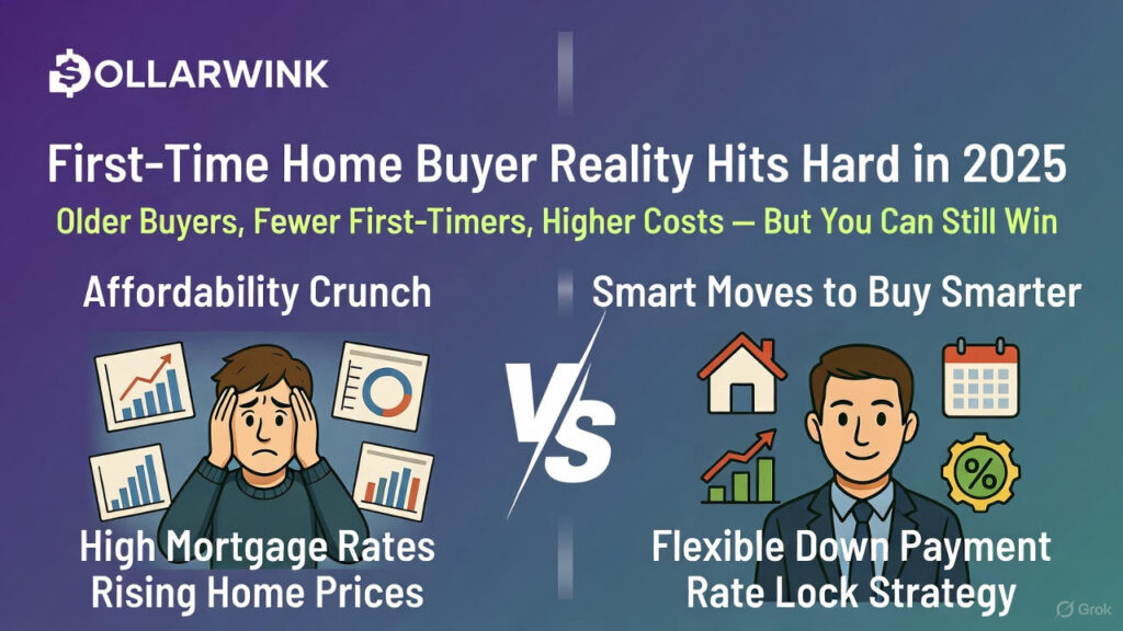Horizontal DollarWink infographic on a purple-to-teal gradient. Left: stressed cartoon buyer holding head amid rising red charts labeled “Affordability Crunch,” “High Mortgage Rates,” and “Rising Home Prices.” Right: confident buyer in suit beside house icon, calendar, and green growth arrows labeled “Smart Moves to Buy Smarter,” “Flexible Down Payment,” and “Rate Lock Strategy.” Bold white “VS” divides the halves. Top: DollarWink logo and headline “First-Time Home Buyer Reality Hits Hard in 2025” with lime-green subline “Older Buyers, Fewer First-Timers, Higher Costs — But You Can Still Win.”