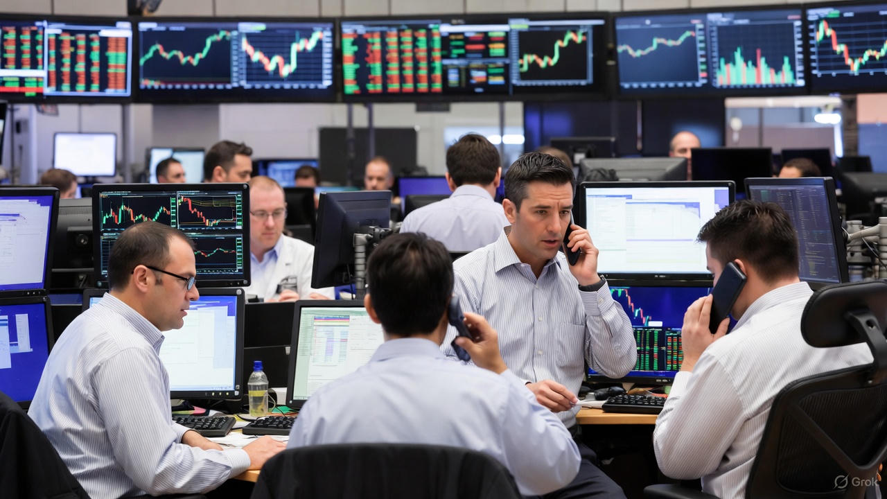 Horizontal photo of a busy Wall Street trading floor in 2025. Multiple traders in shirts and ties are intently watching dozens of large screens filled with red and green stock charts, candlestick patterns, and market data. Several are on the phone, others focused on monitors showing declining tech-heavy indices. The atmosphere conveys focused urgency as institutional investors shift from overvalued growth stocks to stable value sectors ahead of 2025.