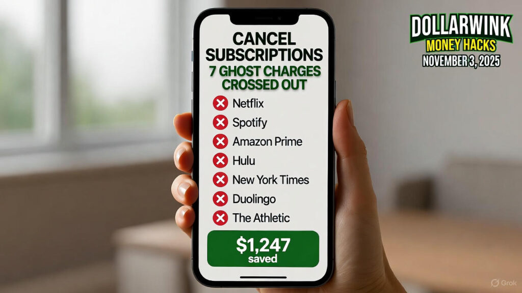 Cancel subscriptions 2025: Hand holding phone with 7 ghost charges (Netflix, Spotify, etc.) crossed out in red and $1,247 saved in green – DollarWink Money Hacks, November 3, 2025
