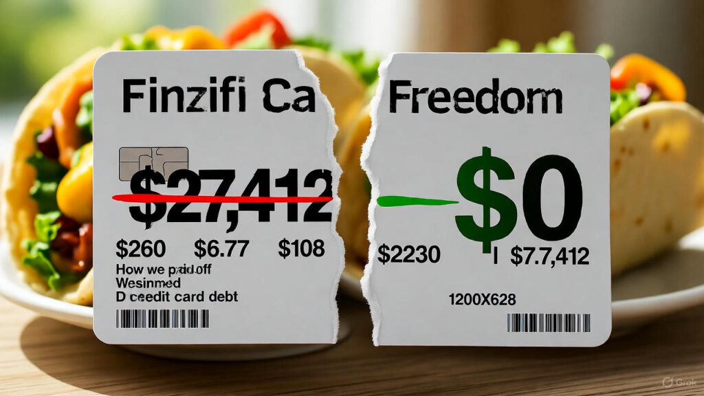 Debt payoff 2025: Torn credit-card statement showing $27,412 crossed out in red arrow to $0 balance in green, tacos in background – DollarWink Money Life, November 3, 2025