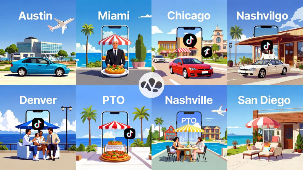 📰 Americans Turn Work Trips Into $5,000 Mini-Vacations Vibrant, highly clickable horizontal illustration showing how Americans turn business trips into $5,000 mini-vacations: business travelers stepping out of phones into sunny destinations – Austin, Miami, Chicago, Denver, Nashville, San Diego – enjoying beaches, rooftop bars, music, food and poolside relaxation while planes fly overhead and TikTok logos highlight PTO stacking, corporate flights, and weekend extensions.