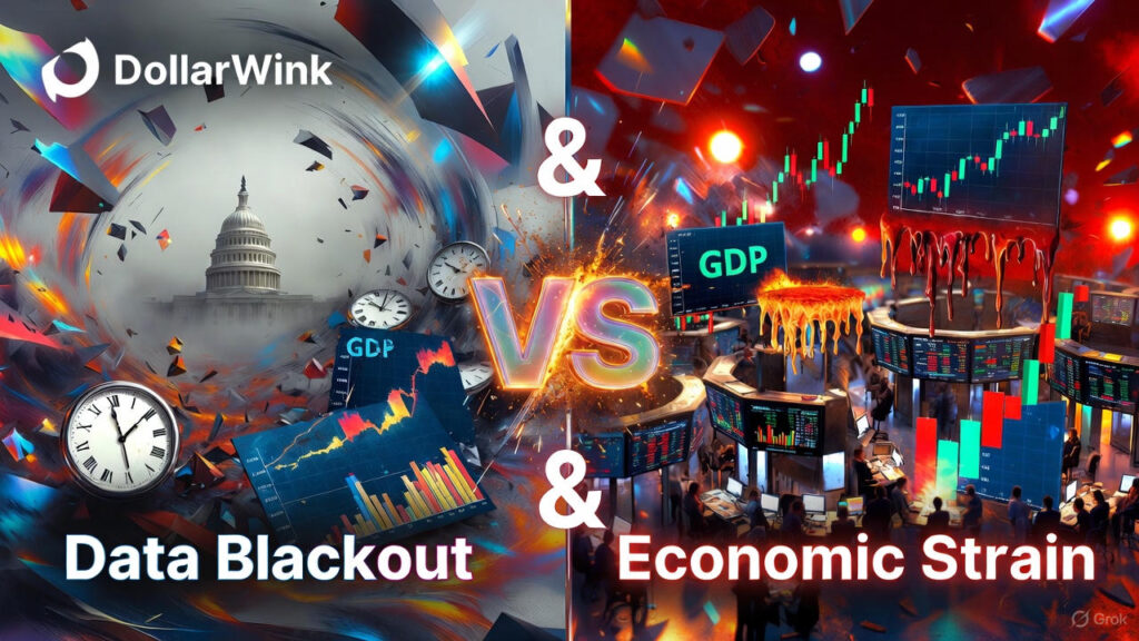 Horizontal DollarWink graphic with surreal swirling gray-to-fiery-red chaos. Left: US Capitol swallowed by a digital vortex of shattered clocks and fragmented GDP charts labeled “Data Blackout.” Right: melting stock-market floor with dripping GDP screens and collapsing candlesticks labeled “Economic Strain.” Neon “VS” explodes into a glowing “&” at the center. DollarWink logo top-left.