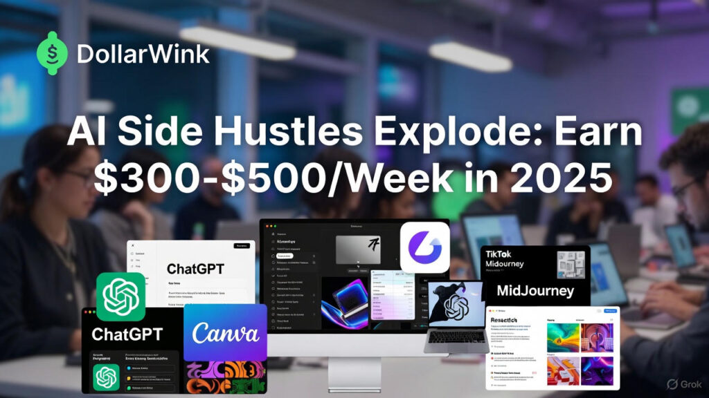 A vibrant promotional image for DollarWink featuring the headline "AI Side Hustles Explode: Earn $300-$500/Week in 2025" in bold white and green text. In the foreground, laptop and tablet screens display popular AI tools including ChatGPT, Canva, MidJourney, and Grok. In the background, a diverse group of young professionals collaborates in a modern office with purple and blue lighting. The DollarWink logo with a winking dollar sign is positioned in the top left corner.