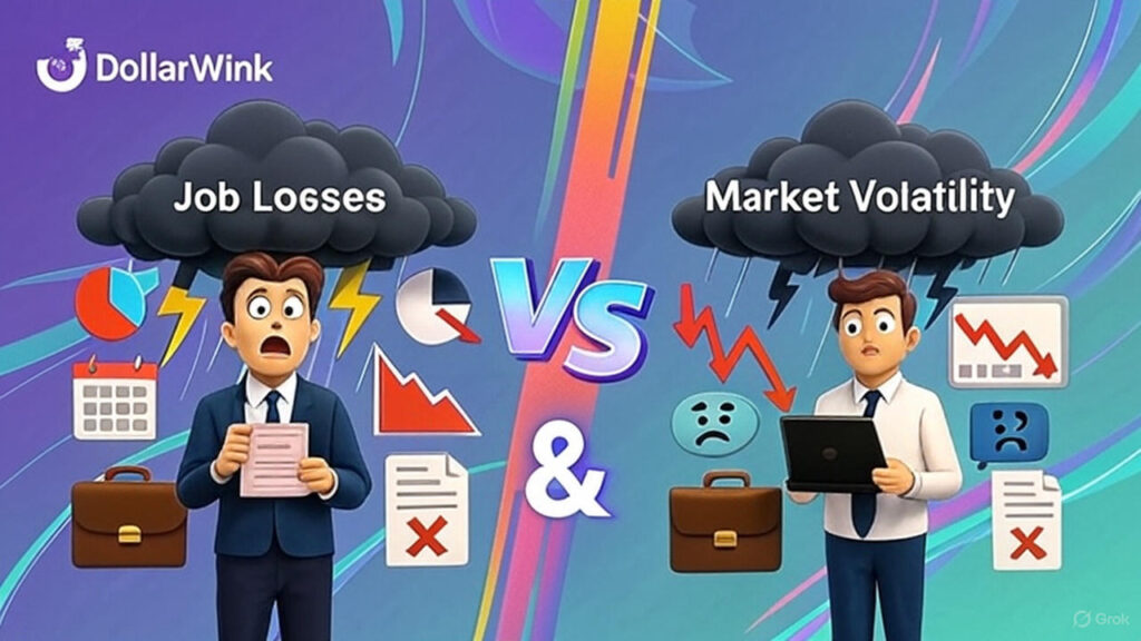 Horizontal DollarWink graphic with vibrant purple-to-teal gradient. Left: panicked worker clutching pink slip under lightning storm labeled “Job Losses.” Right: terrified investor staring at crashing red stock charts under dark clouds labeled “Market Volatility.” Glowing “VS” morphs into “&” at center. DollarWink logo top-left.