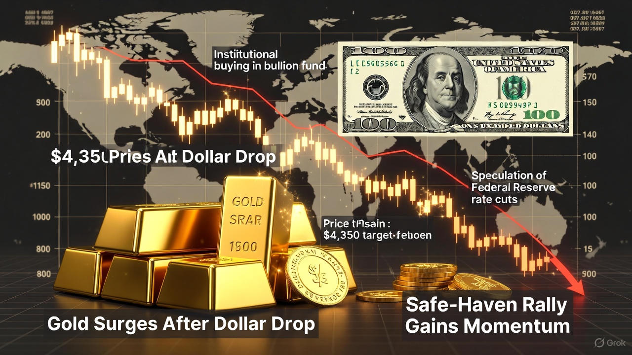 Dramatic gold rally visual: massive shining gold bars and coins dominate the foreground while a plunging U.S. dollar chart with red candles and a $100 bill fade into the background, world map glowing behind, bold headlines announce “Gold Surges After Dollar Drop”, “Safe-Haven Rally Gains Momentum”, and price targets of $4,350–$4,500 as institutional buying and Fed rate-cut speculation drive the move.
