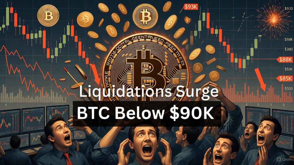 Dramatic crypto crash scene: panicked traders screaming as a giant glowing Bitcoin logo explodes and golden BTC coins rain down, massive red candlestick chart plunges below $90K with arrows pointing to $88K and $85K support, bold text screams “Liquidations Surge – BTC Below $90K” amid over-leveraged long wipeouts and cascading sell-off chaos.